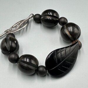 Chapal Zenray Beaded Bracelet Wood Round Beads Carved Onyx Leaf Sterling Clasp